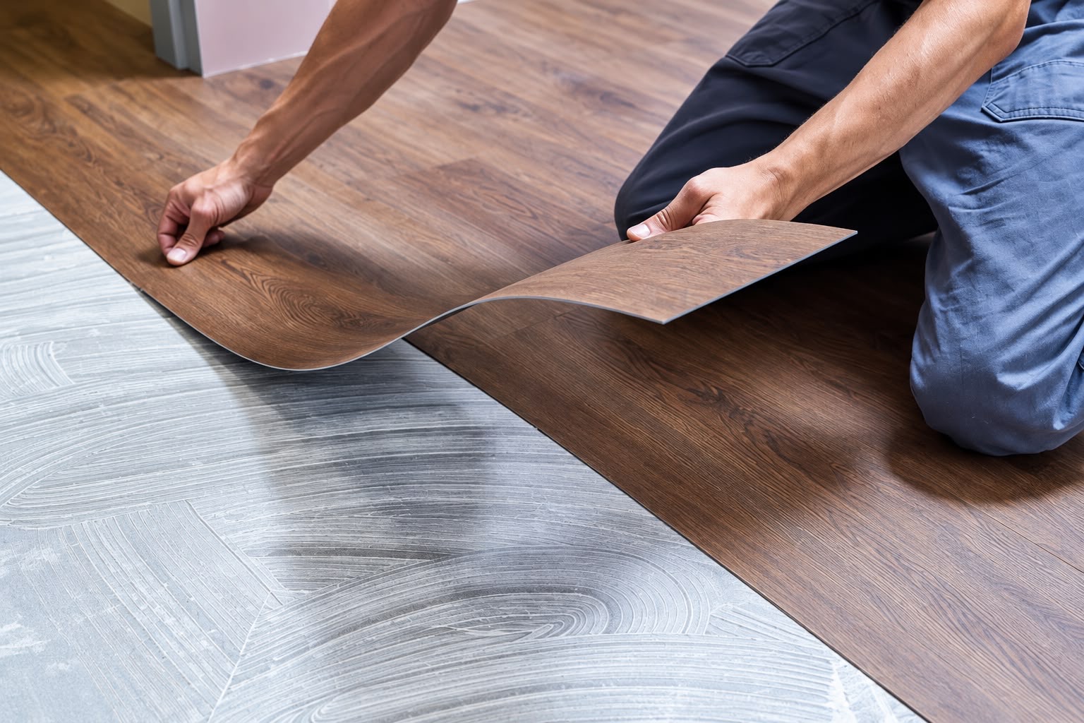 Vinylbelag in Holzoptik wird auf dem vorbereiteten Untergrund verlegt