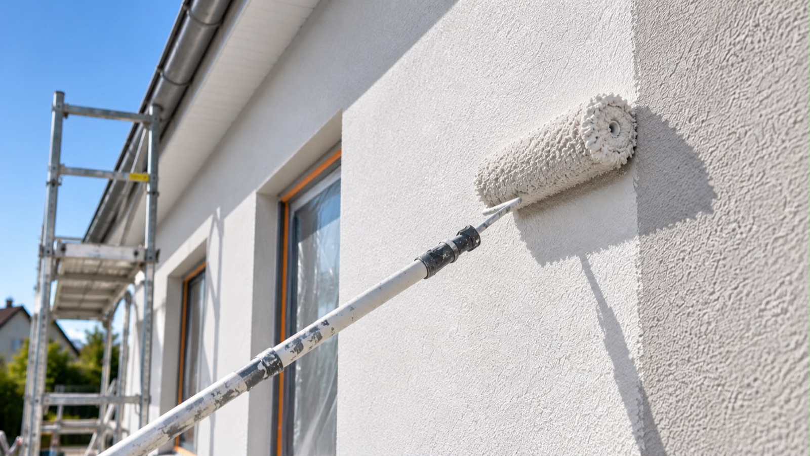 Fassade wird mit der Rolle am Teleskopstiel gestrichen, daneben ein Gerüst